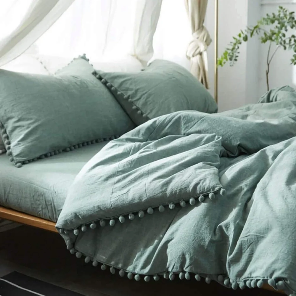 New SAGE GREEN Pom Pom Fringe Duvet Cover Set